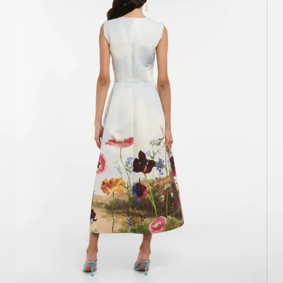 *$3,737 NEW OSCAR DE LA RENTA BLUE FLORAL LANDSCAPE MIDI DRESS US S